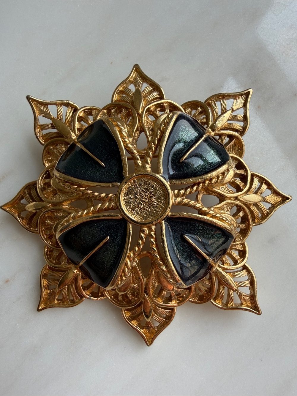 Vintage Monet Gold-Tone Floral Brooch with Green Enamel Petals- Victorian